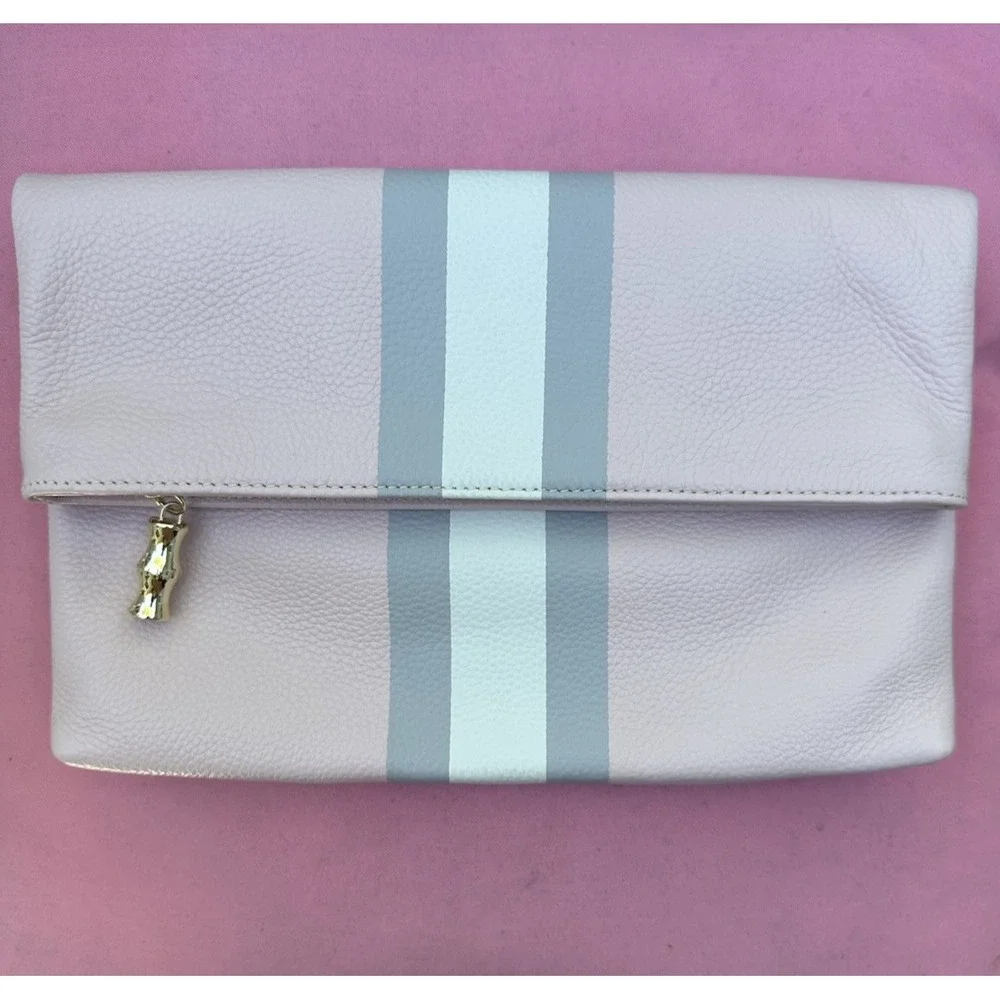 J.McLaughlin Sienna Clutch Pink Leather Stripe Bag Bamboo‎ Zip New Without Tags